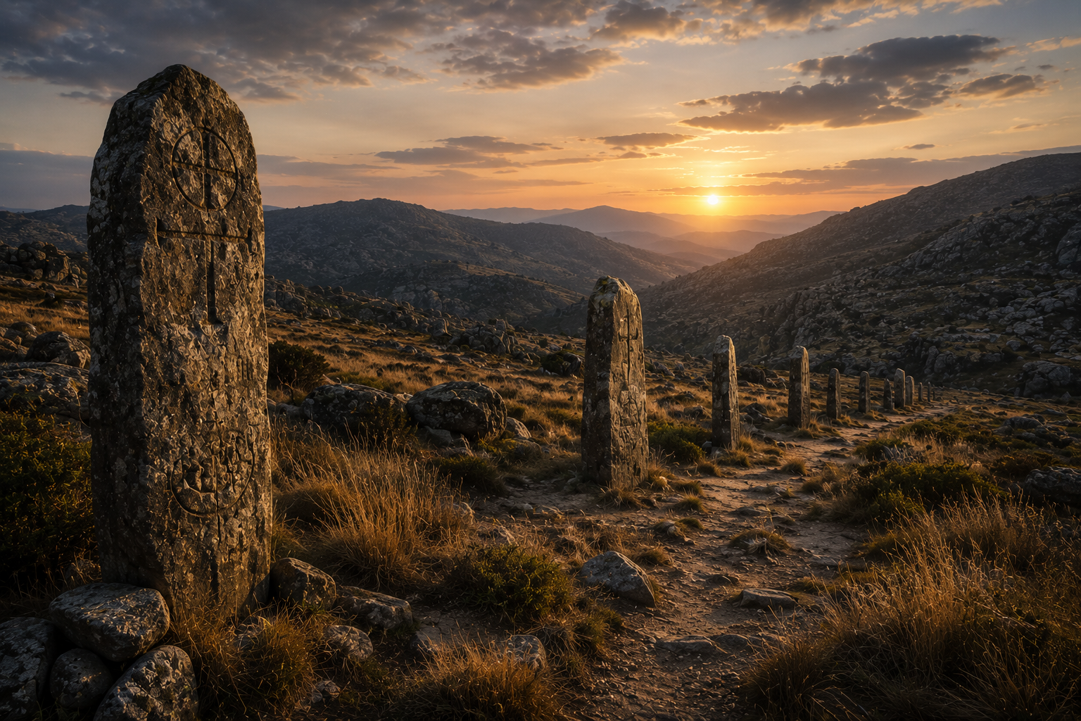 Ancient carved waystones in the mountains