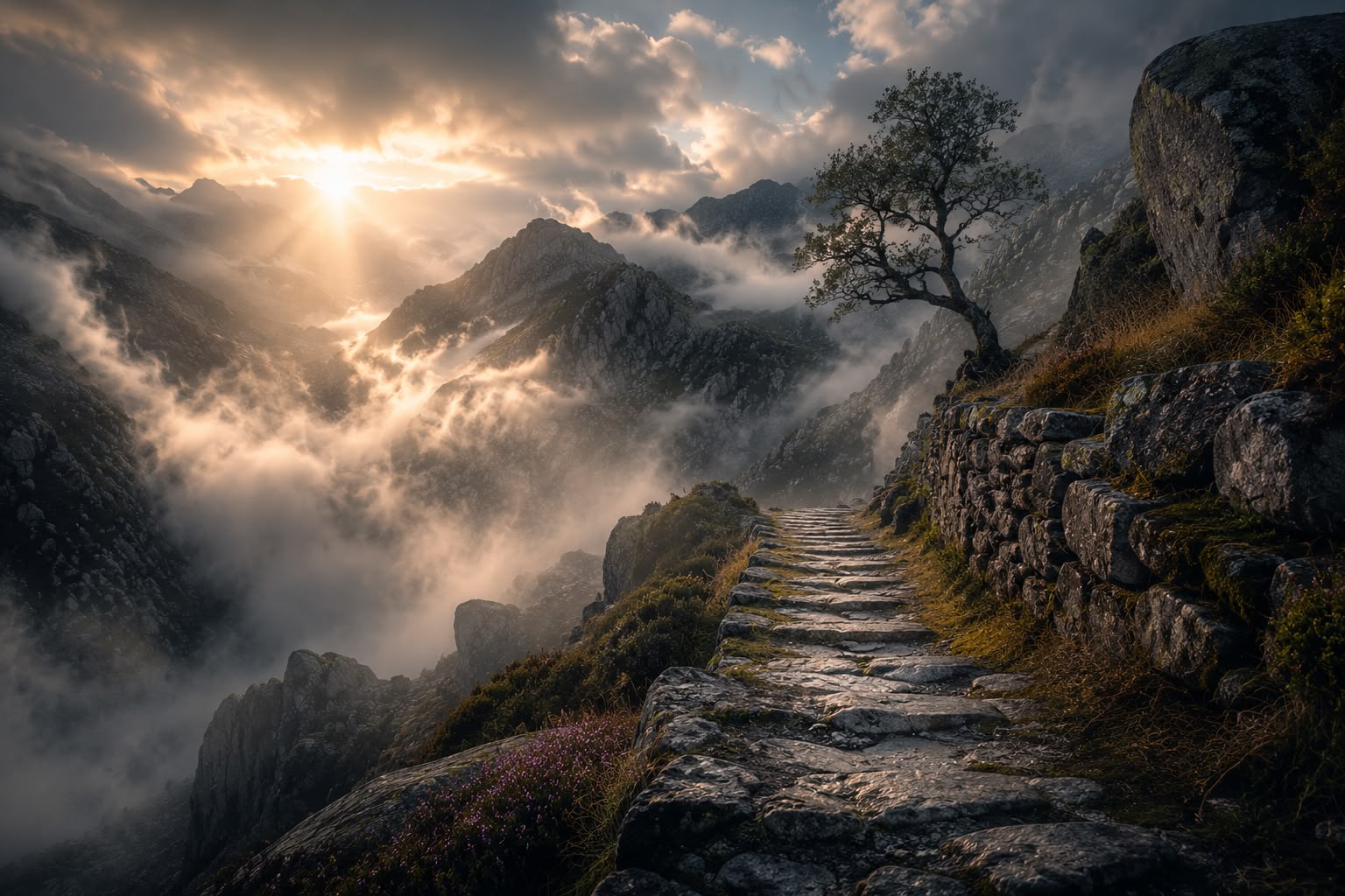 Misty stone path in Serra da Estrela