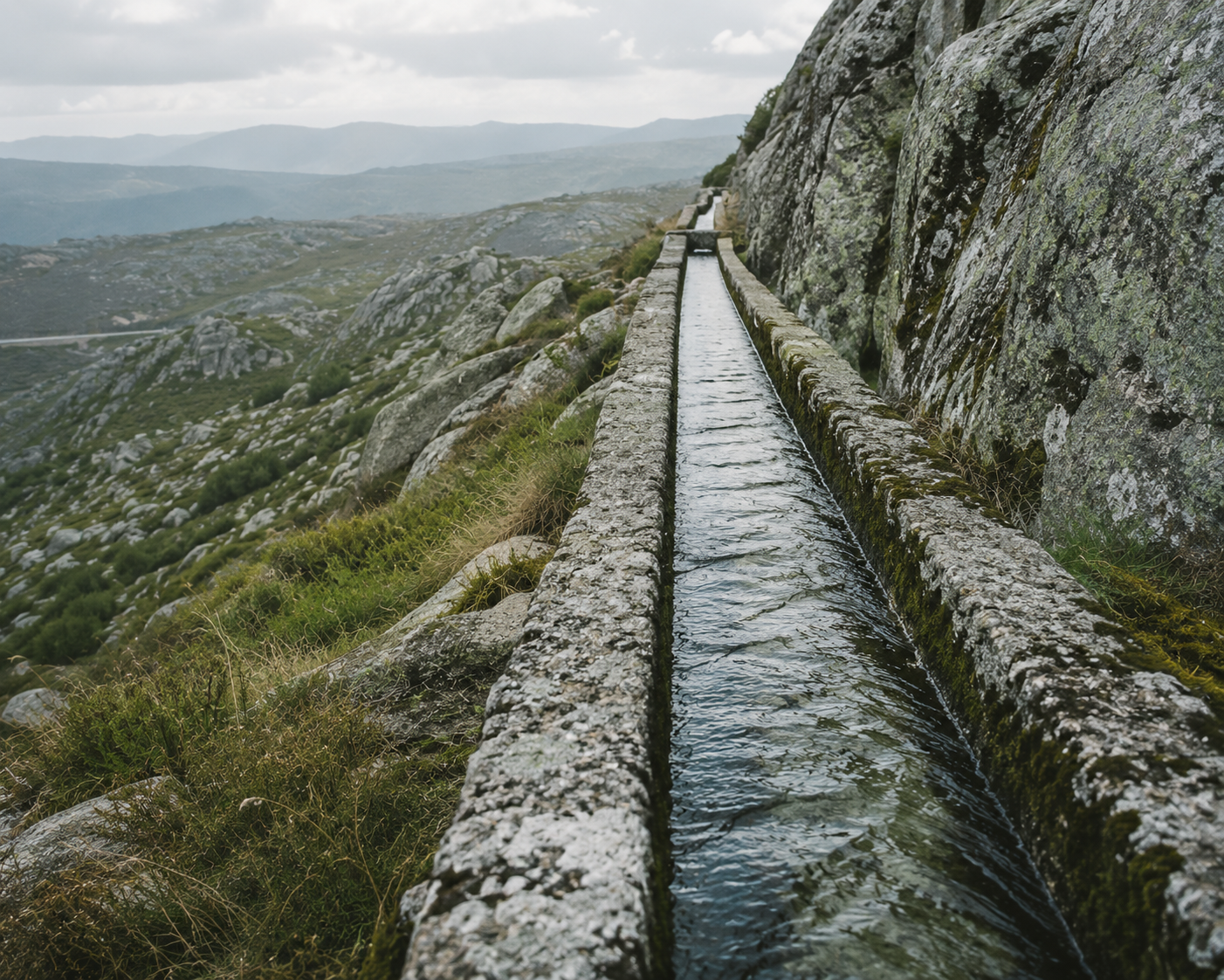 Stone water channel through misty mountains in Iberia
